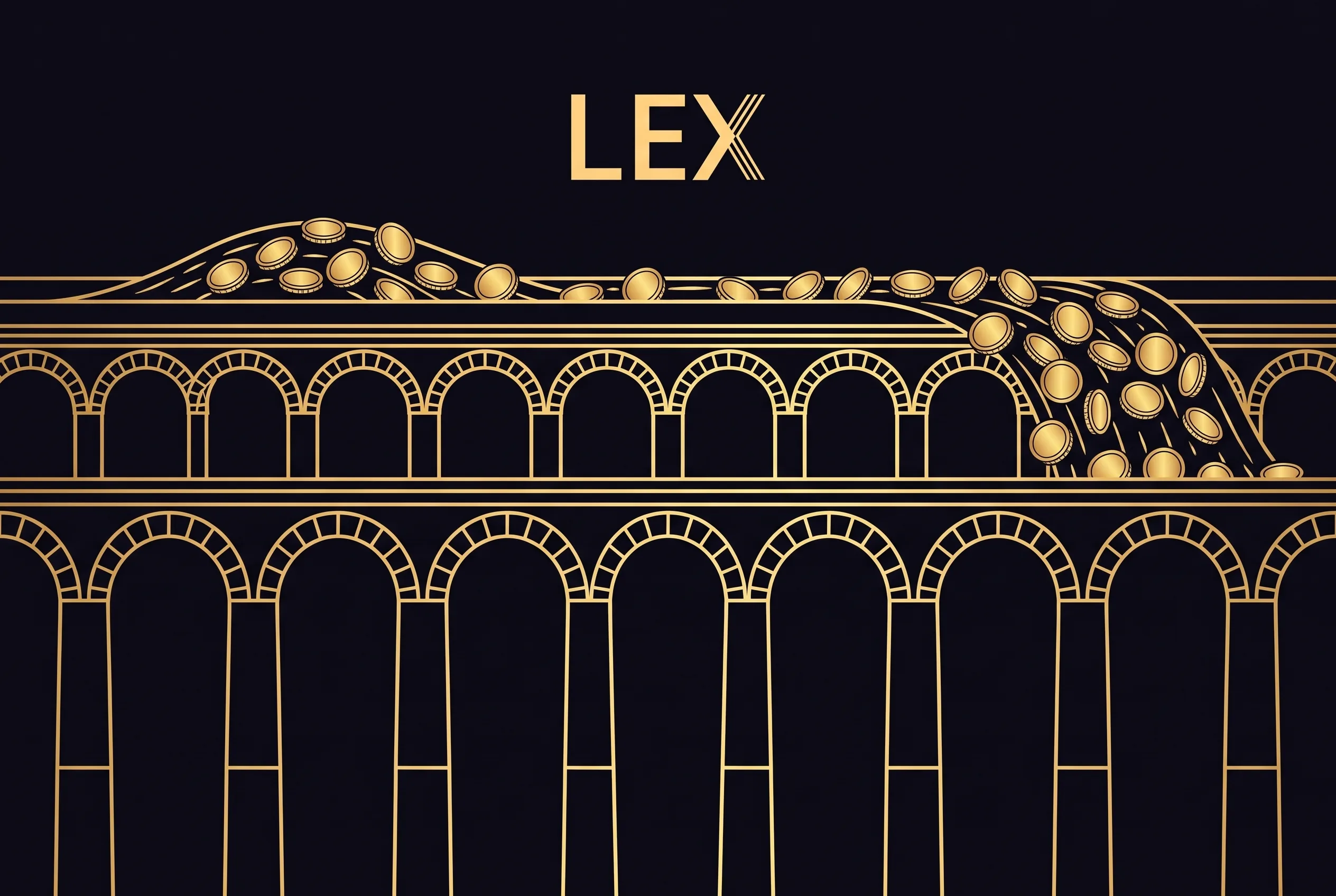 Goldene Münzen über einem römischen Aquädukt mit Lex-Logo