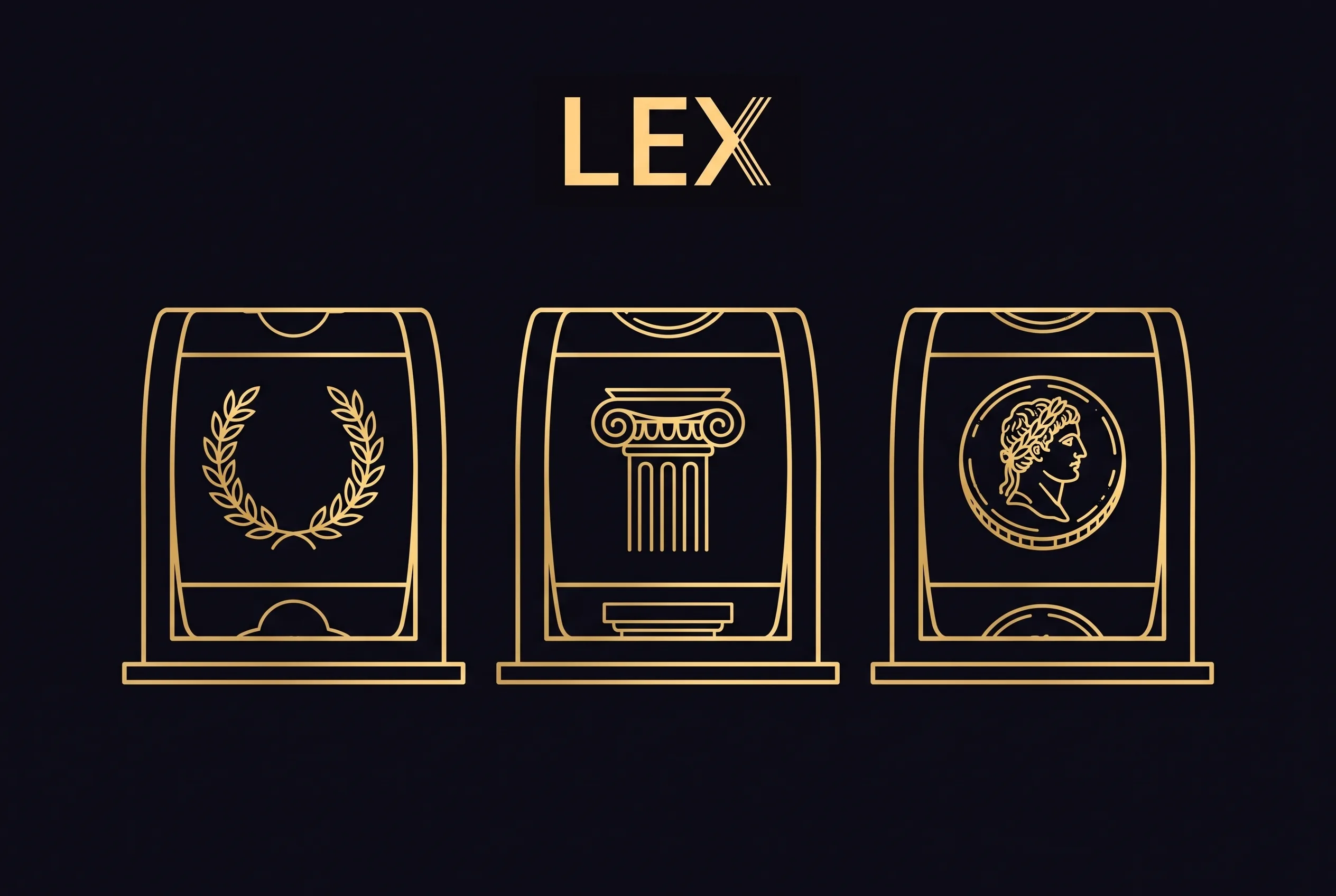 Goldene Spielautomaten mit römischen Symbolen und Lex-Logo