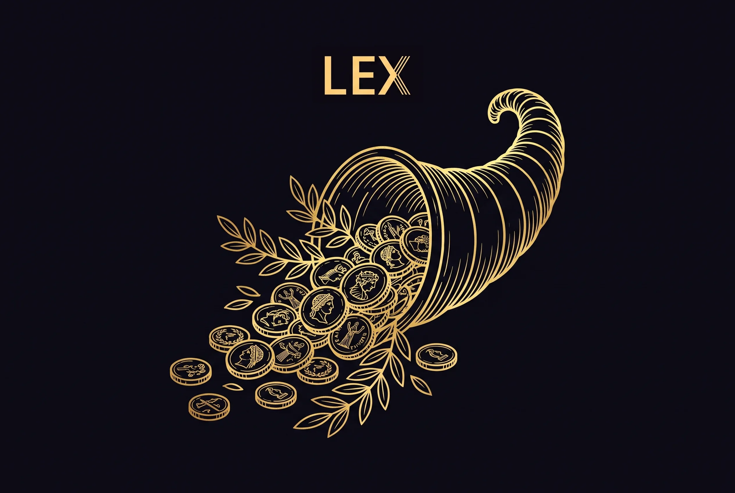 Goldenes Füllhorn mit Münzen, Lorbeerzweigen und Lex-Logo